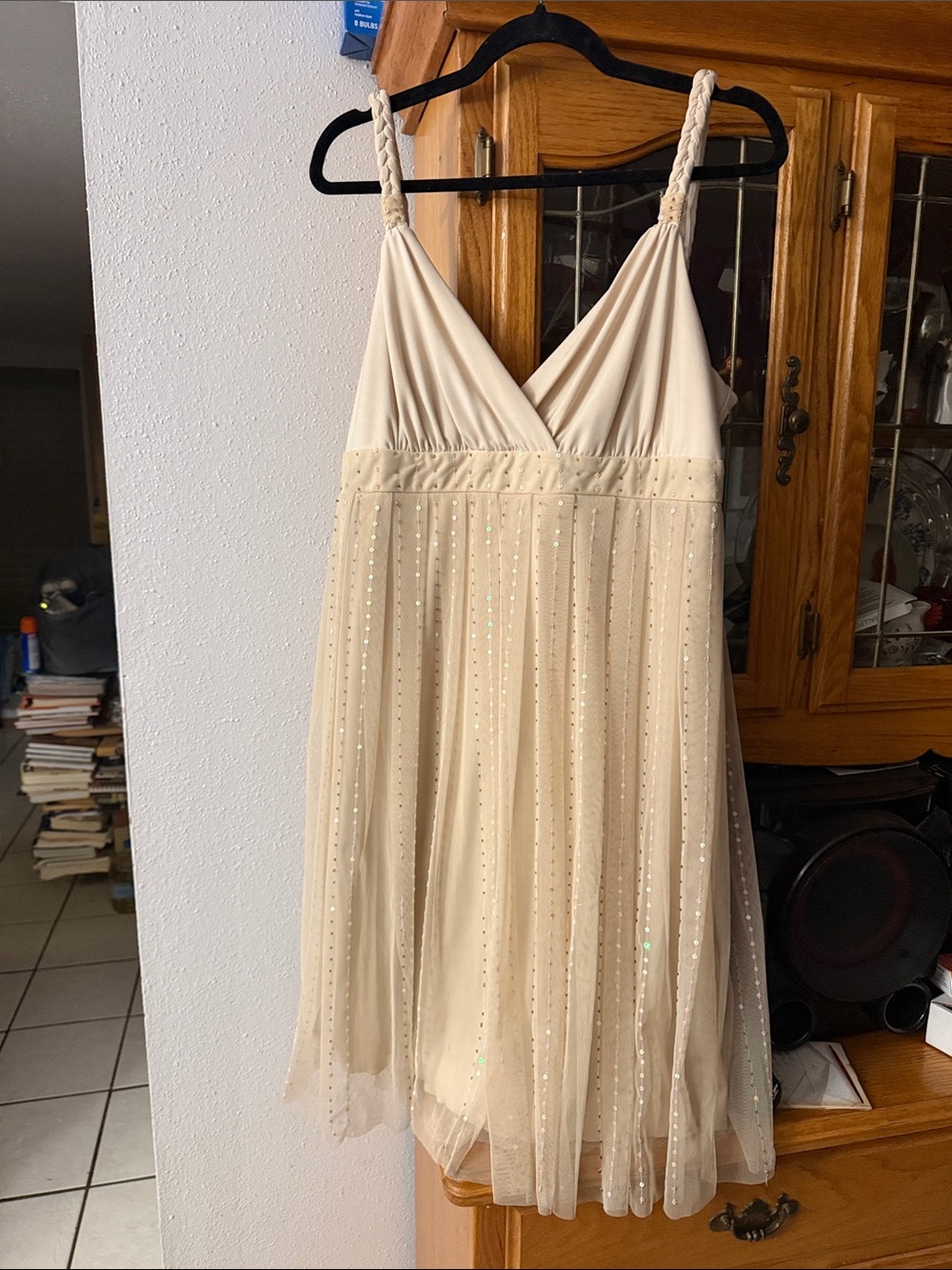Cream Sleeveless V-Neck Tulle Midi Dress with Braided Straps